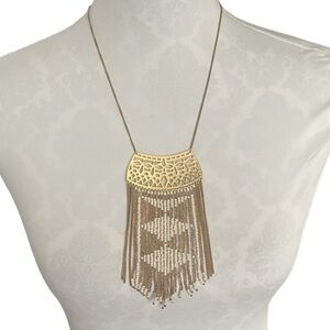 Stella & Dot Statement Fringe Necklace – Gold & Beaded Pendant